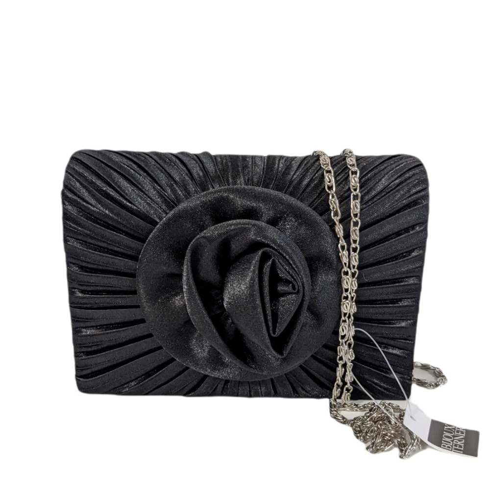 Buoux Terner Evening Small Bag Black Front Flower Rose Chain Shoulder Strap